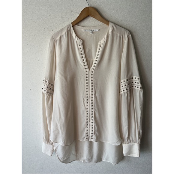 Veronica Beard Willa Eyelet Trim V Neck Long Sleeve Romantic Preppy Cream Top 12 - Picture 1 of 16